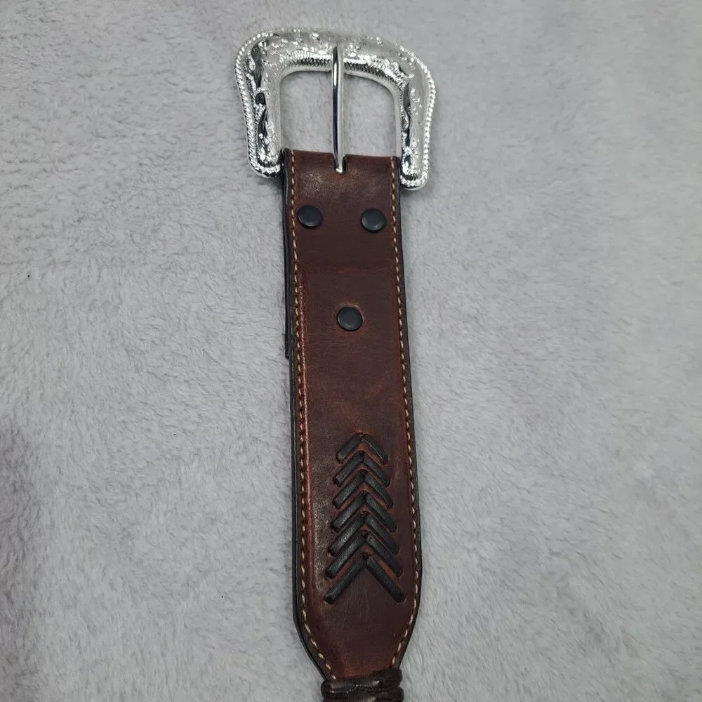NOCONA Brown Leather Belt 44 Floral Embossed Conchos & Buckle Western Rodeo